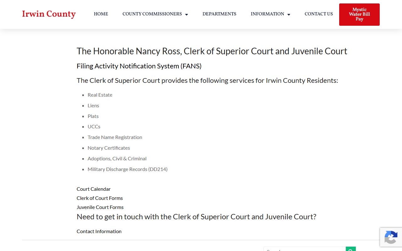 Irwin County Clerk of Superior Court and Juvenile Court records page