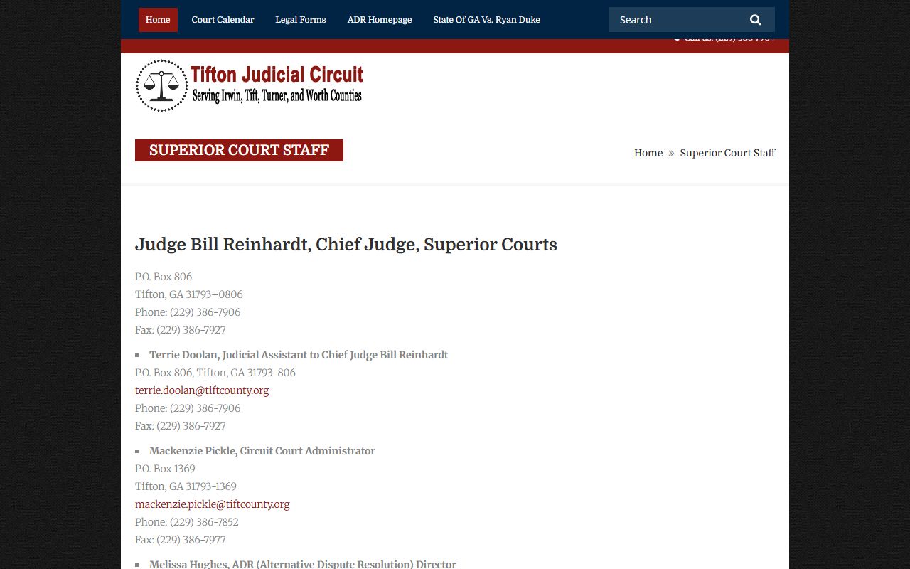 Irwin County Superior Court Tifton Circuit judge staff page