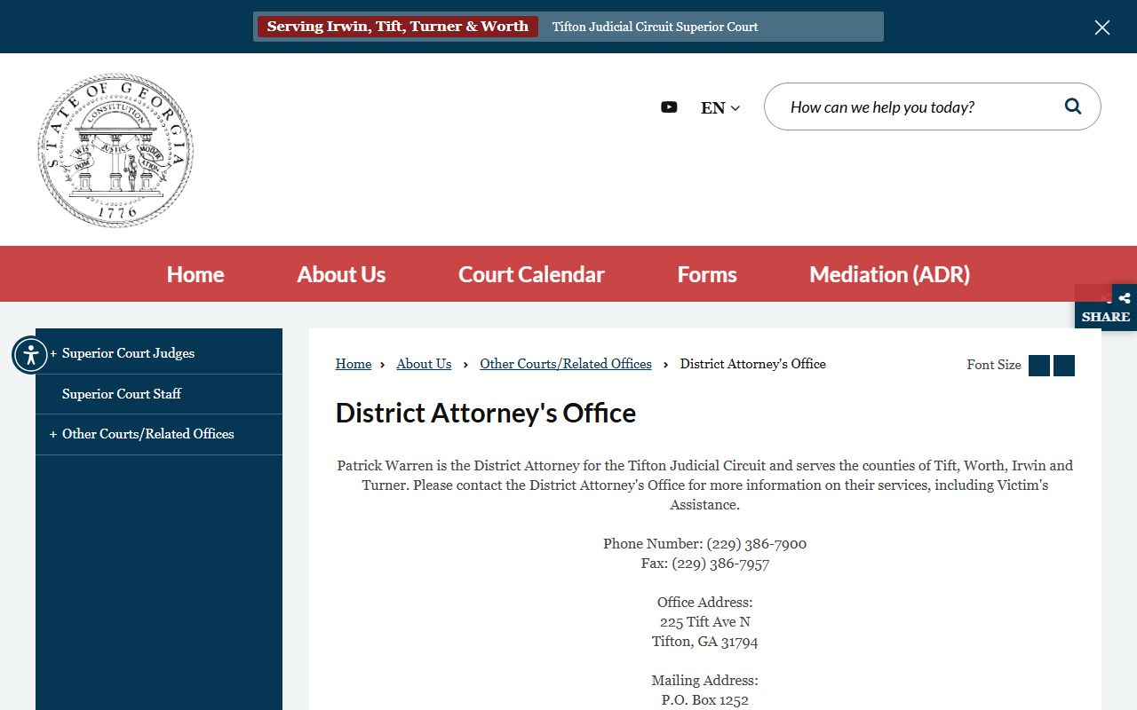 Irwin County Superior Court Tifton Judicial Circuit District Attorney
