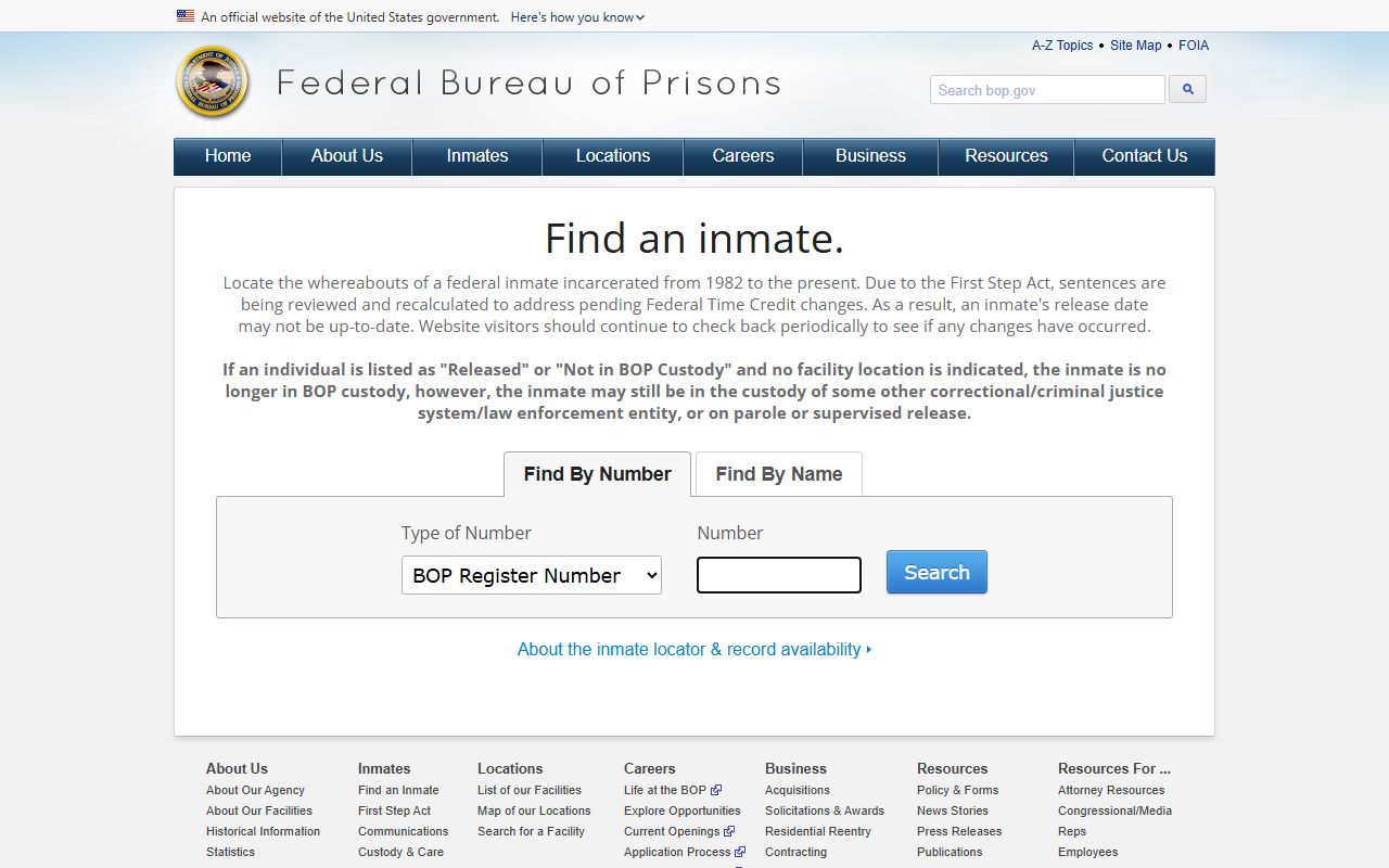 Federal Bureau of Prisons inmate locator for federal custody