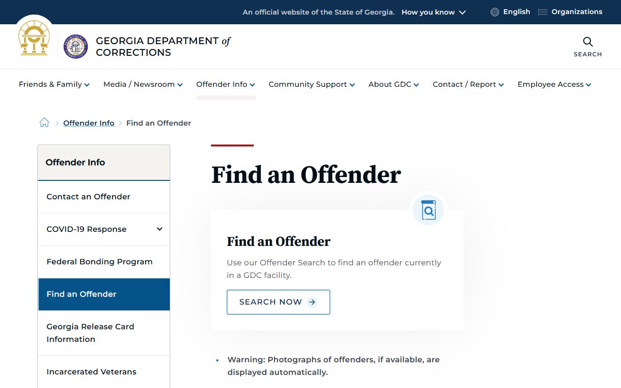 Georgia Department of Corrections Find an Offender page for state custody lookup