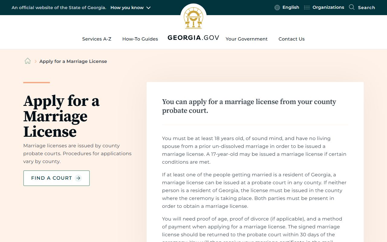 Georgia.gov marriage license guide for county probate court marriage licenses