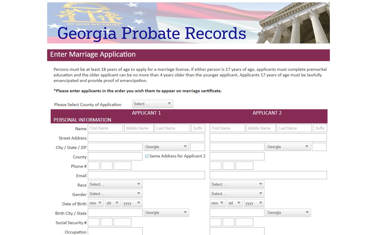 Georgia Probate Records marriage application fields