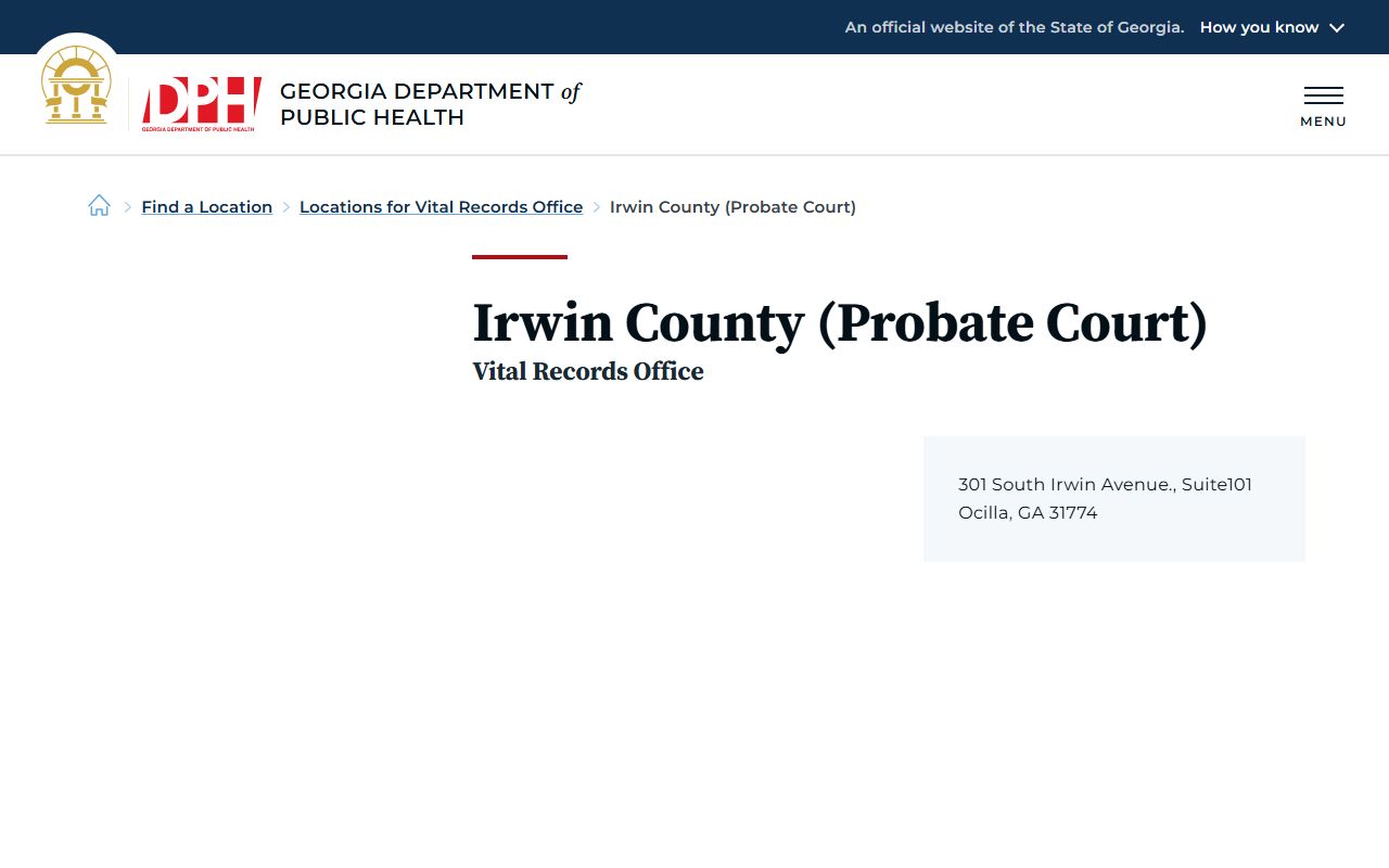 Irwin County probate records DPH Probate Court vital records location