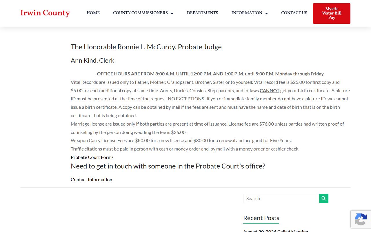 Irwin County probate records Probate Court page