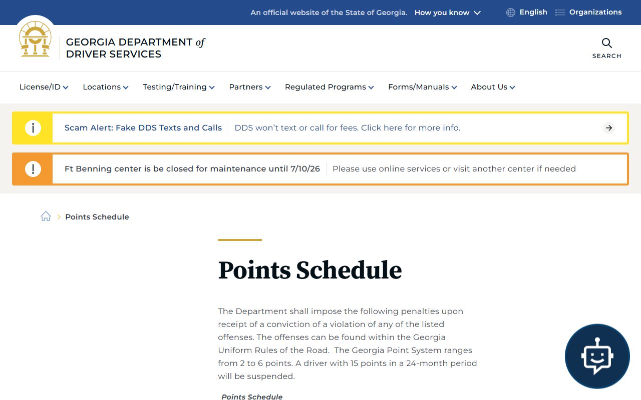 Georgia DDS points schedule for traffic convictions
