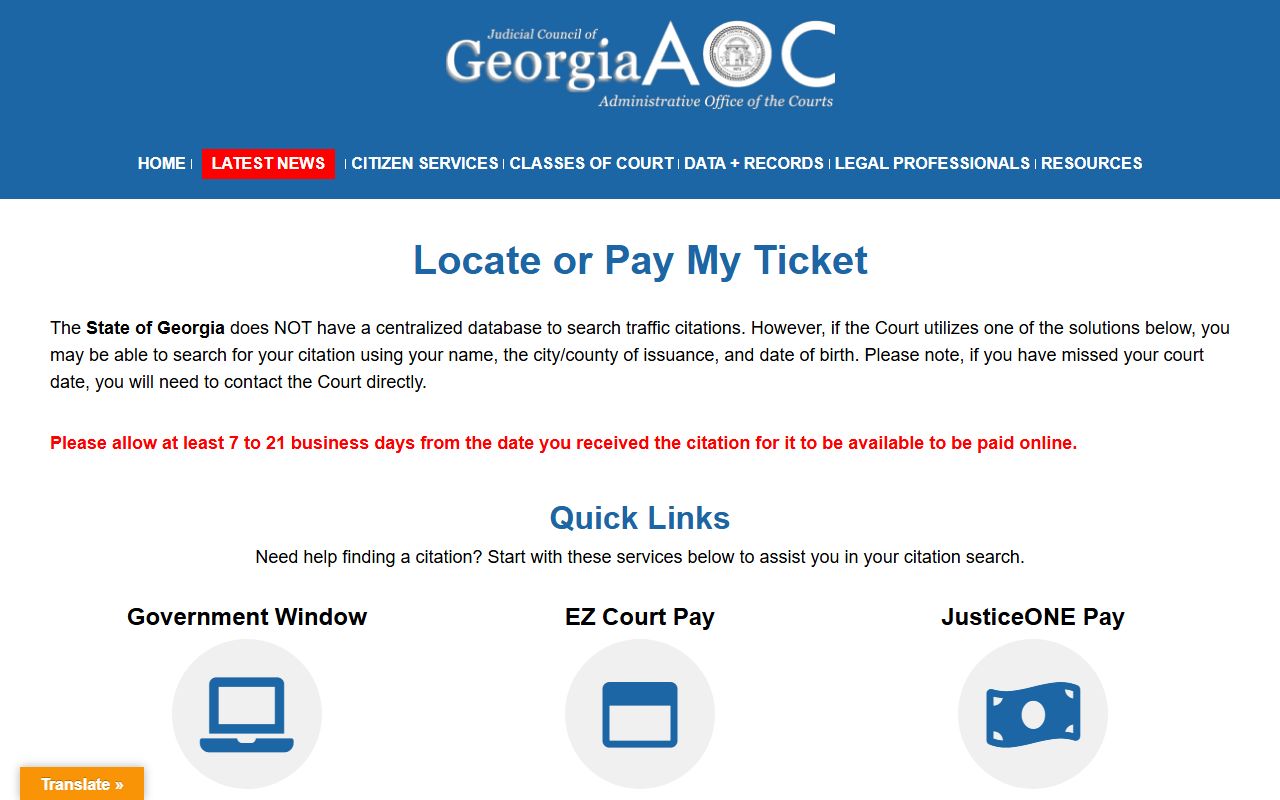 Georgia Courts locate or pay my ticket guidance for citation lookup