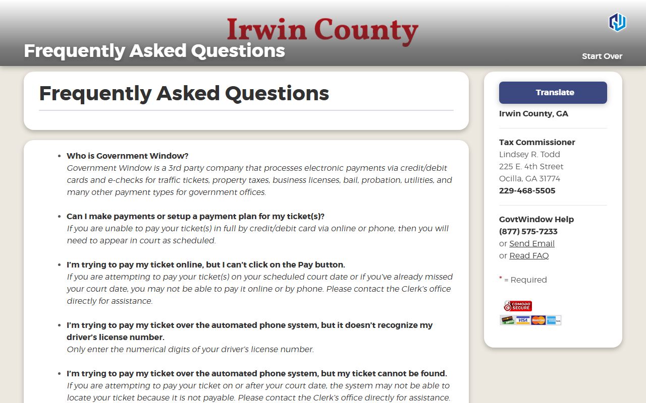 Irwin Government Window FAQ with ticket payment caveats