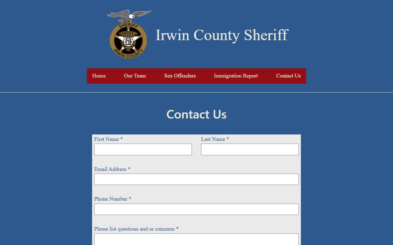 Irwin County Sheriff's Office contact page with sheriff and jail contact channels